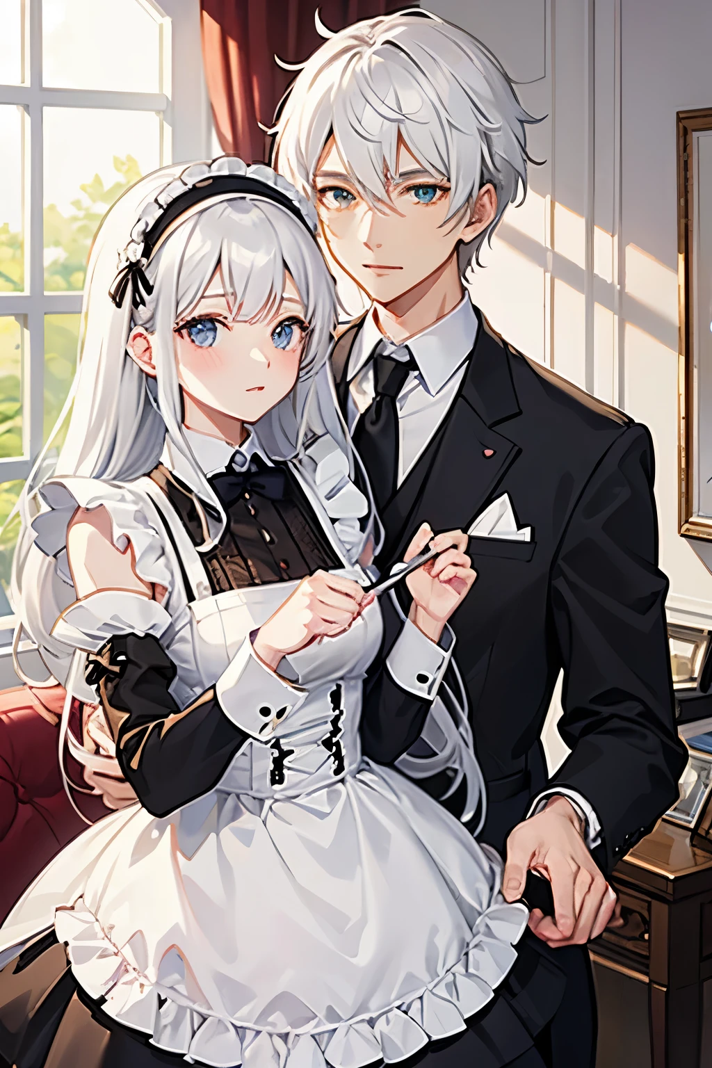 maid and butler, romantic couple, upper body only, white haired