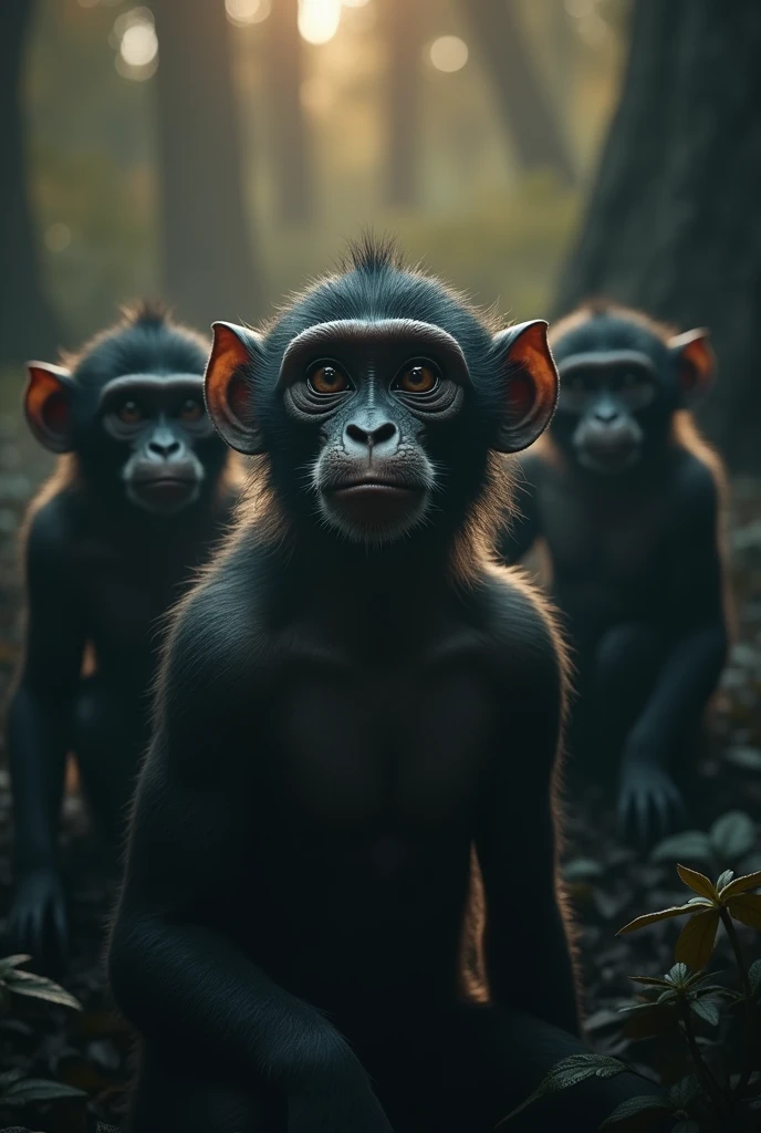a group of monkeys, hyper realistic, highly detailed, photorealistic, 8k, masterpiece, intricate details, realistic lighting, moody atmosphere, complex composition, cinematic framing, evocative, surreal, rich color palette, chiaroscuro lighting, dramatic shadows, impactful, visceral, unsettling, unsettling, unsettling