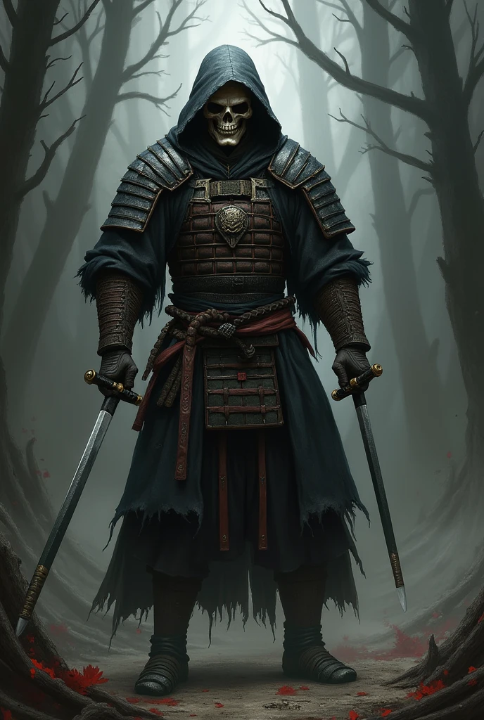 samurai skull with mask full body with 2 swords as tattoo on forearm
