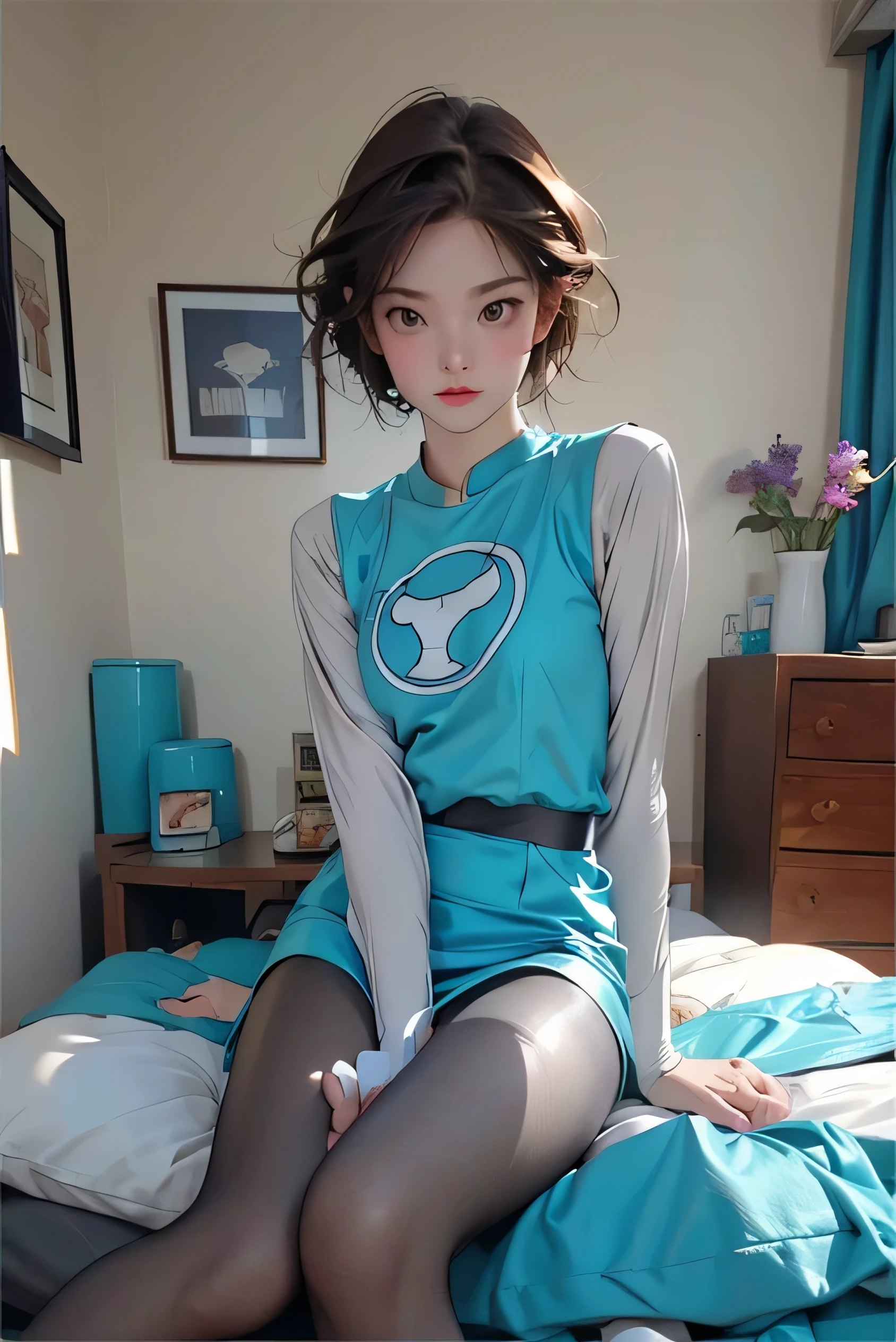Hurricane Blue、Hurricane Jar、Brown Hair、short hair、((pantyhose))、Picture below、Mid-chest、Bedroom、Spread your legs