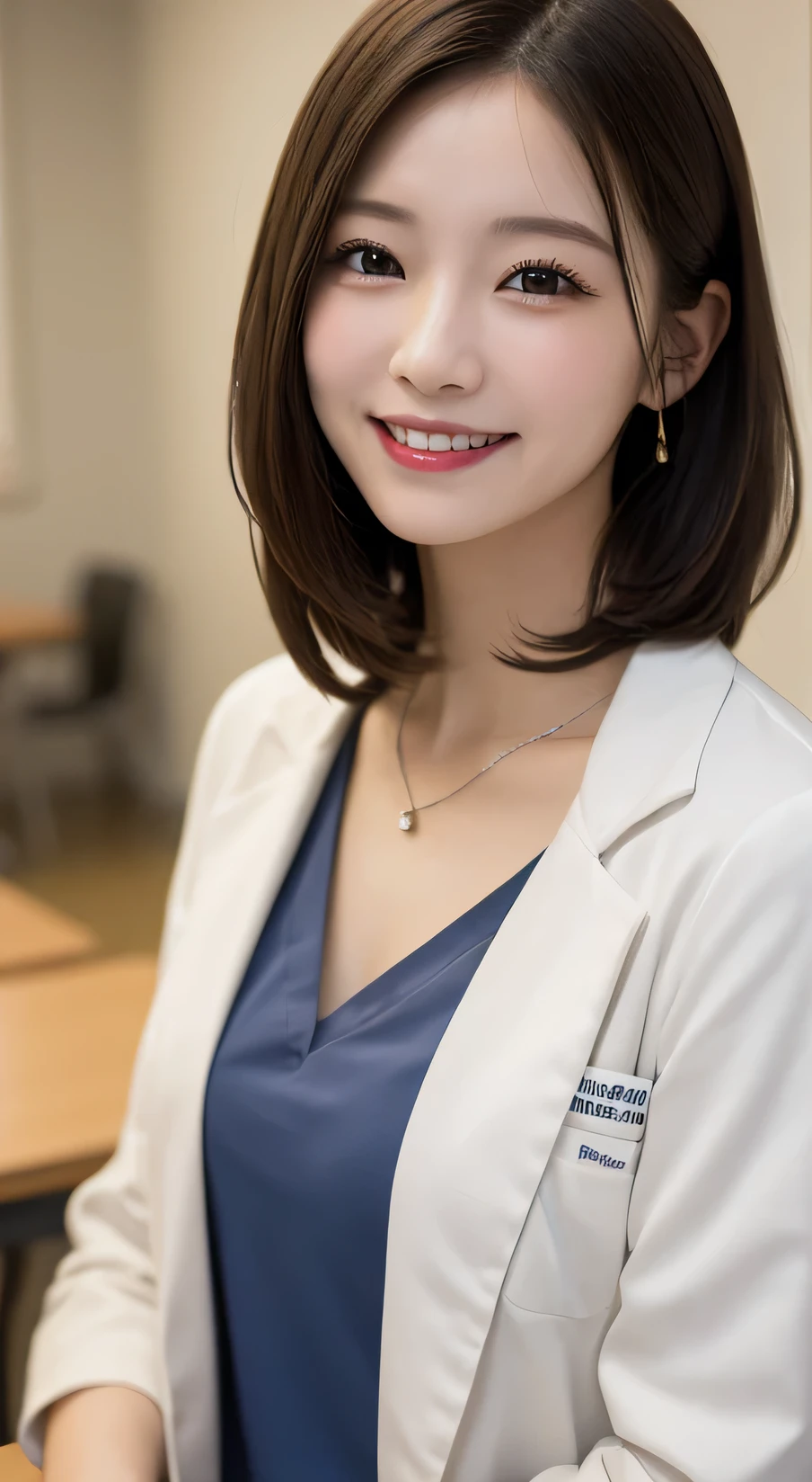 Tabletop, Highest quality, figure, Very detailed, In detail, High resolution, 8k wallpaper, Perfect dynamic composition, Beautiful attention to detail,Wavy Hair、 (short hair)、Small breasts, doctor coat、smile、cute、happy、sexy shot looking at camera,Perfect and beautiful face,24-years-old、Health Insurance Doctor、smile、Simple Necklace、school staff room