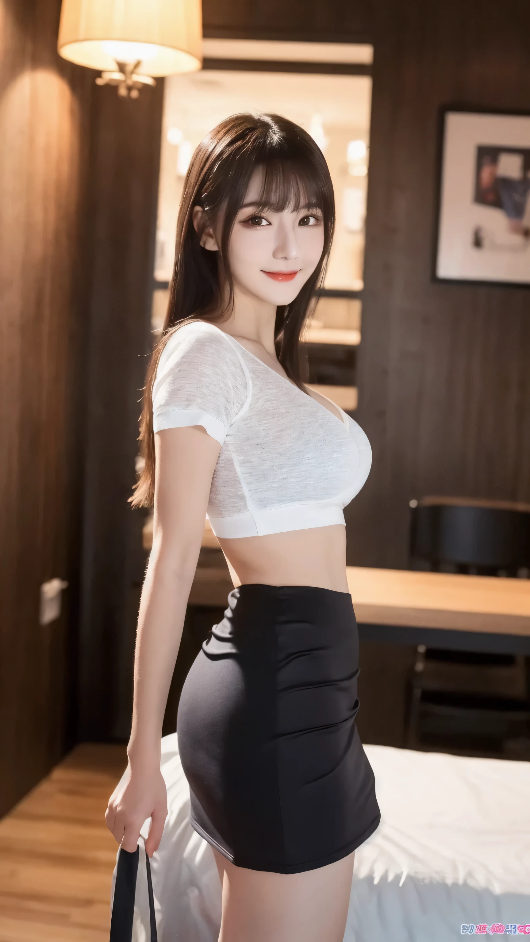 (8k, RAW Photo, Best Quality, Masterpiece:1.2), table top, Ultra Detail, Super Resolution, (Realistic, Realistic Photo:1.37), Portrait, High Detail RAW Color Photo, Professional Photo, Extremely Detailed and Beautiful, Extremely detailed, 8k wallpaper, amazing and detailed, huge file size, official art, highly detailed CG unity 8k wallpaper, highly detailed beautiful girl, highly detailed face, highly detailed eyes, highly detailed skin, highly detailed fingers, highly detailed nose, very detailed detailed mouth , perfect anatomy, highly detailed background, highly detailed clothes, 1girl, 1 girl, cute girl, realistic body, fair skin, glowing skin , slim body, handsome body, black hair , semilong hair, (blunt bangs:1.2), smile, cute, youthful, cute face, realistic face, delicate eyes, drooping eyes, looking at viewer, facing front, standing posture, Contraposto, (medium chest), (Perfect Body Proportions), (slender Body Proportions), (bedroom), super sexy pose, (White T-shirt with see-through bra)), ((mini-skirt)), (standing BAR in a dark interior),(photo from behind),