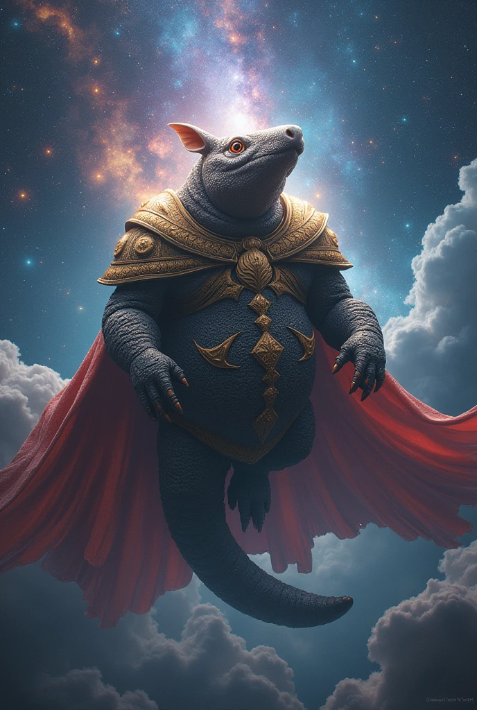 Create the image of a Brazilian animal armadillo, now make it mega powerful, make it look like a natural armadillo, but wearing a hero's cape. Make him a lord of the universe, make him fly over galaxies sitting cross-legged