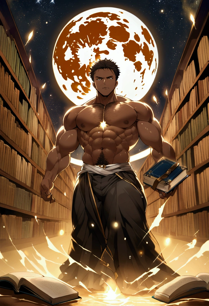 Age 25、Short Hair、Sports haircut、Muscular man looking for a book、whole body、Thick body hair、Your body is wet、Library under the stars、full moon、Brown skin、magic、Magic School