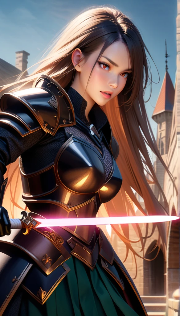 masterpiece, Highest quality, Very detailed, High resolution, An expensive solution, High resolution, masterpiece, Realistic, depth, Fine texture, Super Fine, Total concentration, Female Warrior, 美しいFemale WarriorのVery detailed肖像画, Beautiful detailed face, Beautiful details in the eyes, Elaborate armor, Full details Steel Armor, Armor Dress, Pleated skirt, Raise your hand, Raise your sword , Holding a sword, Dramatic lighting, intense expression, Dynamic pose, Fantasy Medieval Setting, Castle in the background, Glowing magic effects, Structure of the film, Rich color palette, Vivid texture,
