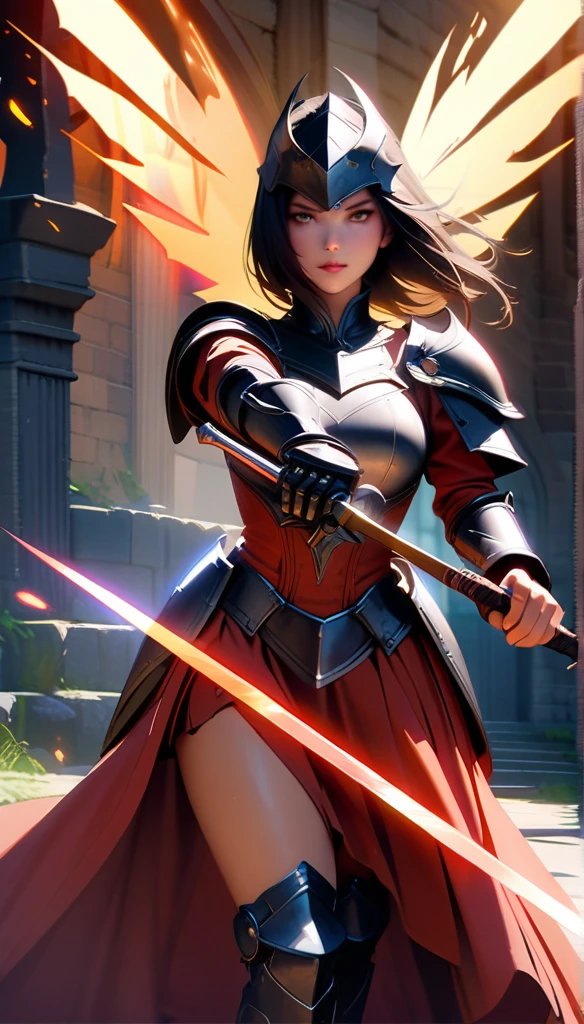 masterpiece, Highest quality, Very detailed, High resolution, An expensive solution, High resolution, masterpiece, Realistic, depth, Fine texture, Super Fine, Total concentration, Female Warrior, 美しいFemale WarriorのVery detailed肖像画, Beautiful detailed face, Beautiful details in the eyes, Elaborate armor, Full details Steel Armor, Armor Dress, Pleated skirt, Raise your hand, Raise your sword , Holding a sword, Dramatic lighting, intense expression, Dynamic pose, Fantasy Medieval Setting, Castle in the background, Glowing magic effects, Structure of the film, Rich color palette, Vivid texture,