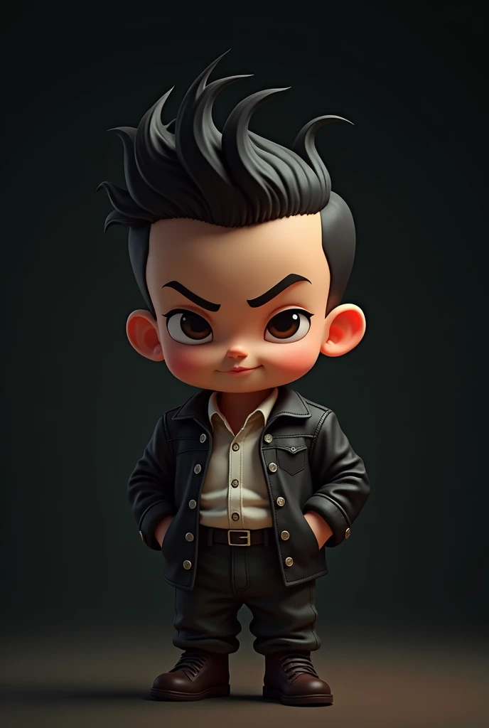 Creat an image of character,a clever and mischievous faty boy,troublesome, attractive to childrens,dark black background, with only three hair on head,gangster type 