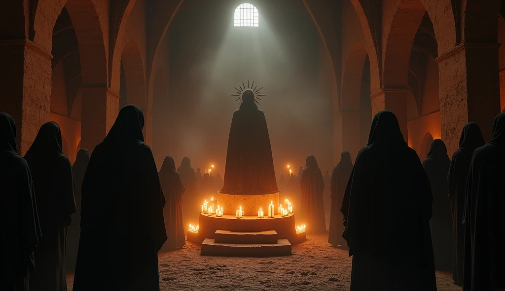 8k、(Extreme low angle), (number々の賞を受賞したmasterpiece、Incredible detail、Texture、Maximum details),red flame candle, (summoning magic),(St George's Church in Lalibela at night (Church of Saint George) - Ethiopia), (dark ritual),(dark organization)arafed image of a group of people in a church with candles,lit candle, dark cinematic concept art, elegant cinematic fantasy art, photorealistic dark concept art, by Beeple, dark robes, wojtek fus, gothic epic library concept, gothic epic library, epic cinematic concept art, dark concept art, Beeple and mike winkelmann, symmetrical epic fantasy art, High resolution, masterpiece, Highest quality, Intricate details, Very detailed, Clear focus, practical skin texture, texture, Shot with Canon, 85mm, Shallow and deep, Kodak Vision Color, Exactly, Very detailed, photograph_\(Extremist\), photographpractical, practical, Post-processing, Maximum details, Roughness, Real Life, Extremist practical, Photorealism, photographgraphy, 8K Ultra HD, photographgraphy