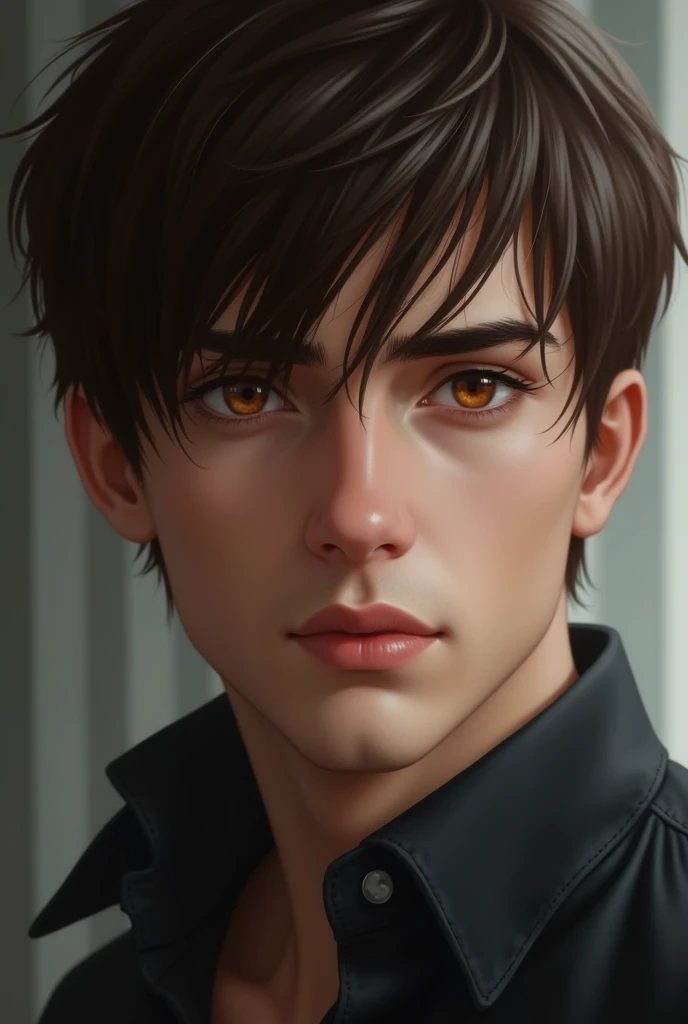 Young man with strong character, amber eyes, brown and straight hair