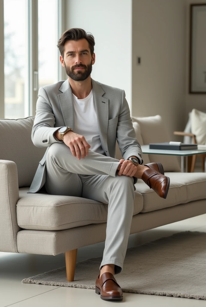 In a modern and minimalist environment, a man exudes an aura of seriousness and elegance. He is dressed in casual-chic attire: a well-fitting white cotton shirt and light gray linen pants, combined with a contemporary cut blazer. His polished leather shoes complete the sophisticated look., while a stylishly designed wristwatch adorns your wrist.

The environment around you is marked by clean lines and a neutral color palette., with modern design furniture, like a glass table and chairs with upholstery in sober tones. Large windows let in natural light, illuminating the space with a soft glow. The man is sitting comfortably on a straight-lined sofa, with a thoughtful expression and a slight smile on his face, indicating a balance between seriousness and a sense of tranquility. The environment and your posture convey a sense of calm, refinement and calm confidence.