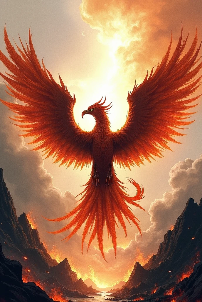 ((Ink-wash style illustration))、((Ink painting))、A powerful and majestic Phoenix、The embodiment of destruction and rebirth、Scary Stare、The End of the World、Erupting volcano、A majestic figure in flight