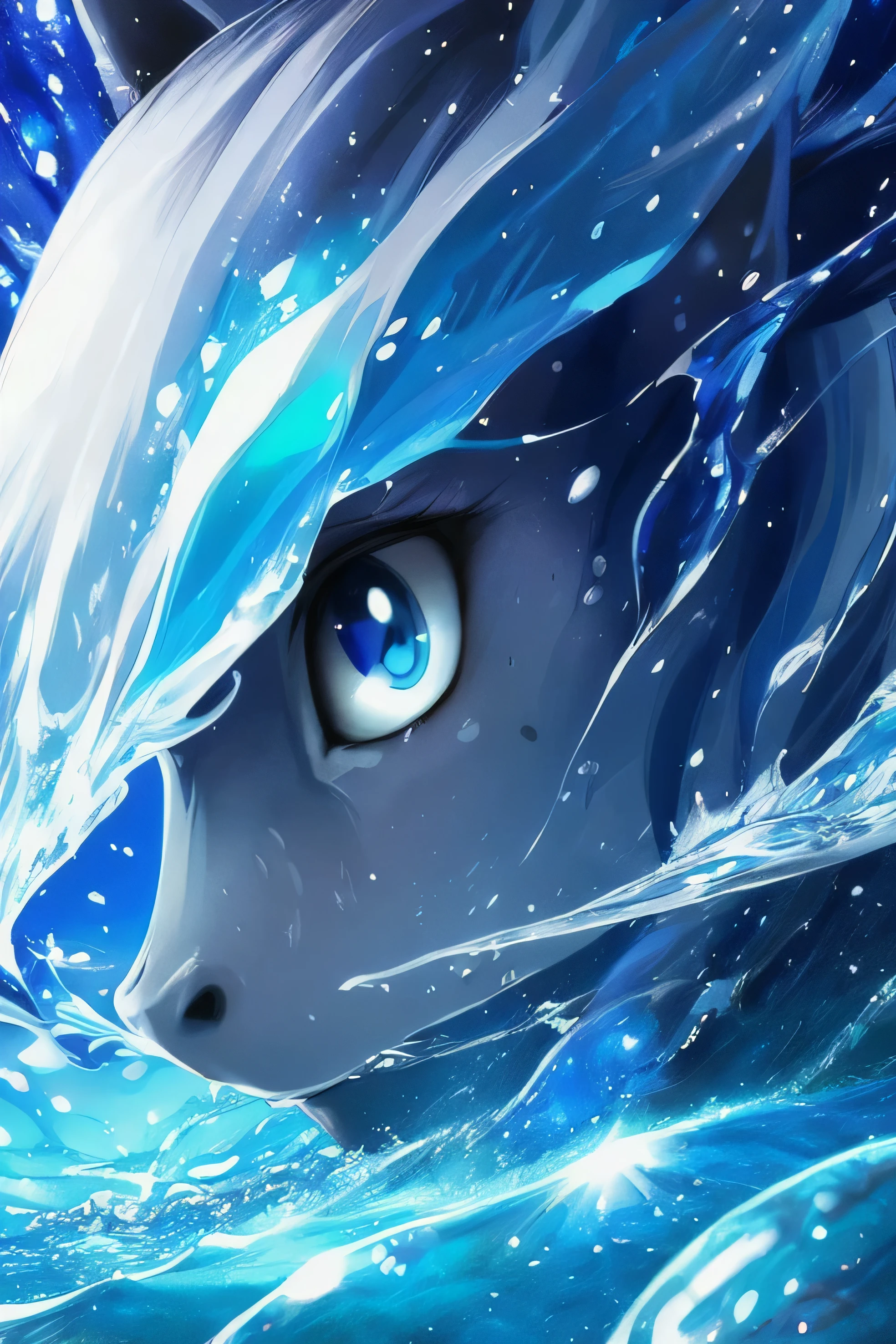 a cute pony OC, water elemental, water body, dark eyes, blue pupils, water hair, traumatized eye, best quality, 4k, HD, highly detailed, realistic, photorealistic, professional, vivid colors, cinematic lighting, dramatic atmosphere, fantasy, magical, mystical, magical male