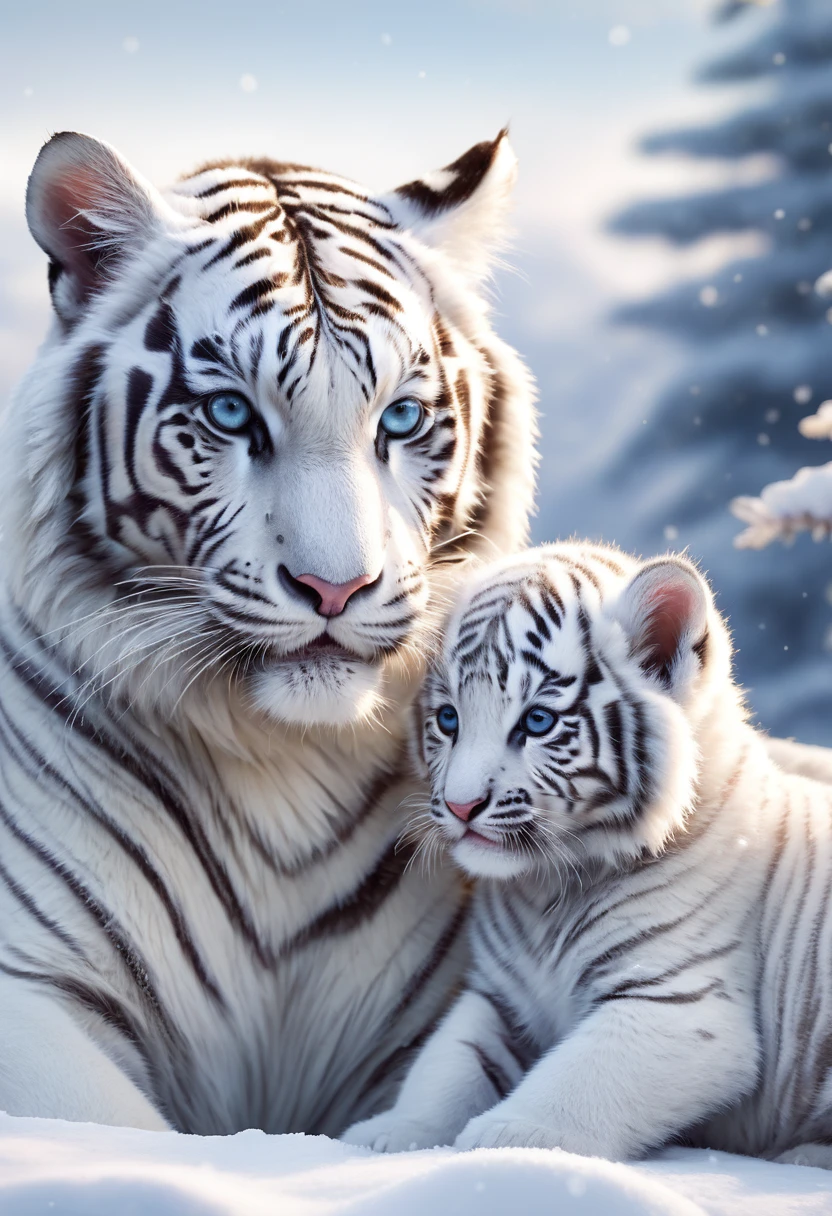 a white tiger cub sitting on a snowy hill, a mother tiger and her cub, beautiful detailed eyes, beautiful detailed fur, extreme detailed snow, snowy landscape, winter wonderland, serene, peaceful, ethereal, glowing snow, soft lighting, warm color tones, (best quality,4k,8k,highres,masterpiece:1.2),ultra-detailed,(realistic,photorealistic,photo-realistic:1.37),award winning, stunning, cinematic