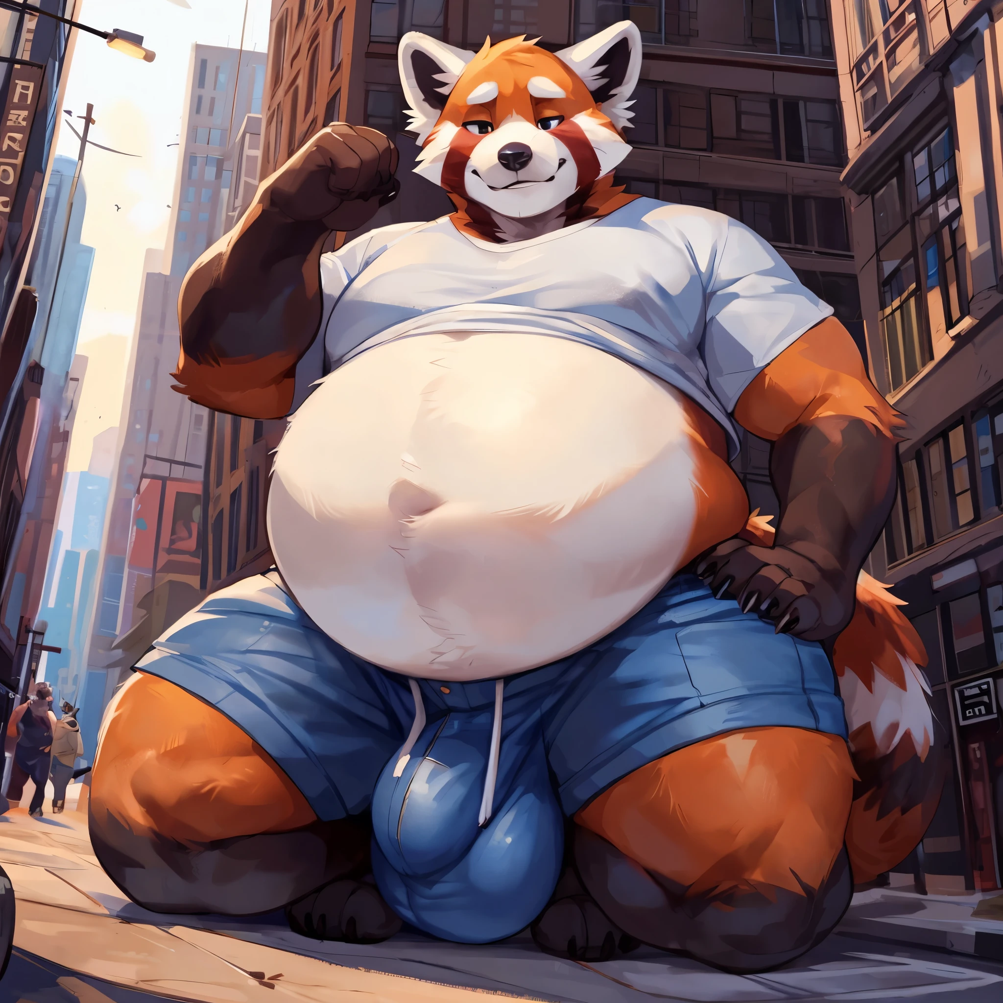 4k ultra quality, 4k half body view,ultra high detailed body,feral (red panda),wide body,charming body,chubby body,chubby face,shiny fur, big belly, (round belly), hyper belly, enormous belly, enormous body,by mystikfox61, by glitter trap boy, by bebebebebe,by morethreedee, by seibear,(thick thigh),(chubby thigh),thicc thigh,thick legs,chubby legs,thicc legs,enomorous thigh,massive thigh,massive legs,(detailed thigh),(wide thigh),thick butt,sharp nails,(detailed face),bloated belly,enomorous thigh,detailed paws,thick paws,chubby paws,(loose shirt),feral legs,(loose shorts),tight bulge
,in a city,(macro),ultra bigger penis,thick penis,long penis,(detailed bulge),kneeling among crowd,((hyper penis, hyper balls, huge penis, huge balls, huge chode)),(embarrassed face),front view