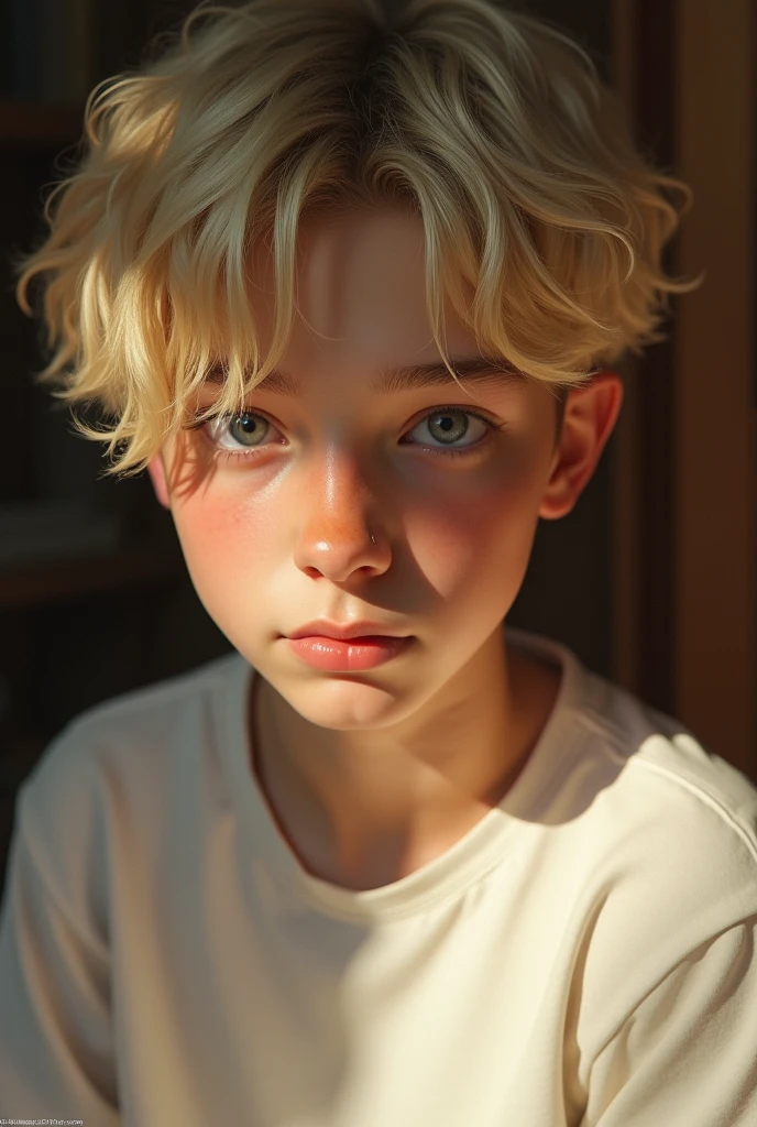 Teenager with messy blonde hair and blue eyes. 280 lbs.