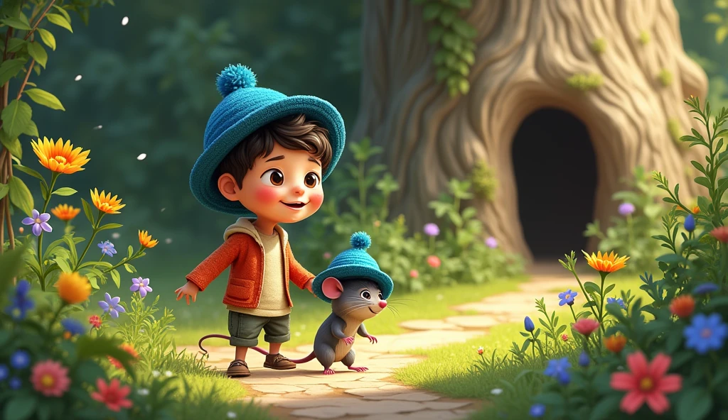 An investigation of the  (( boy)) walking in a garden at the back of his house.  Finding a little mouse with a blue hat (( Peruvian wool hat)), they walk together happily, in garden. (( boy boy)) does not wear a hat. The two walk towards a hole in an ancient tree..