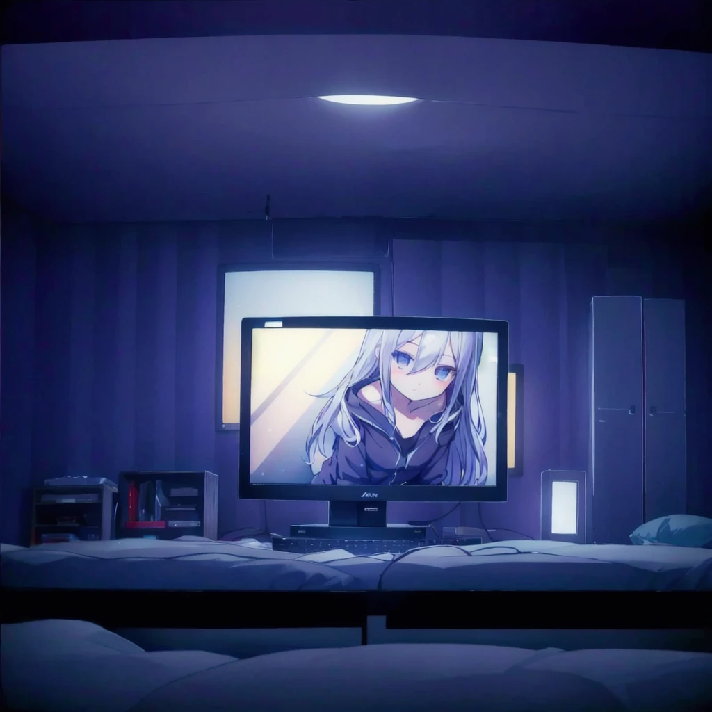 Dark room，Computer，game console，TV，Little Lori，Small Breasts，lie down to sleep