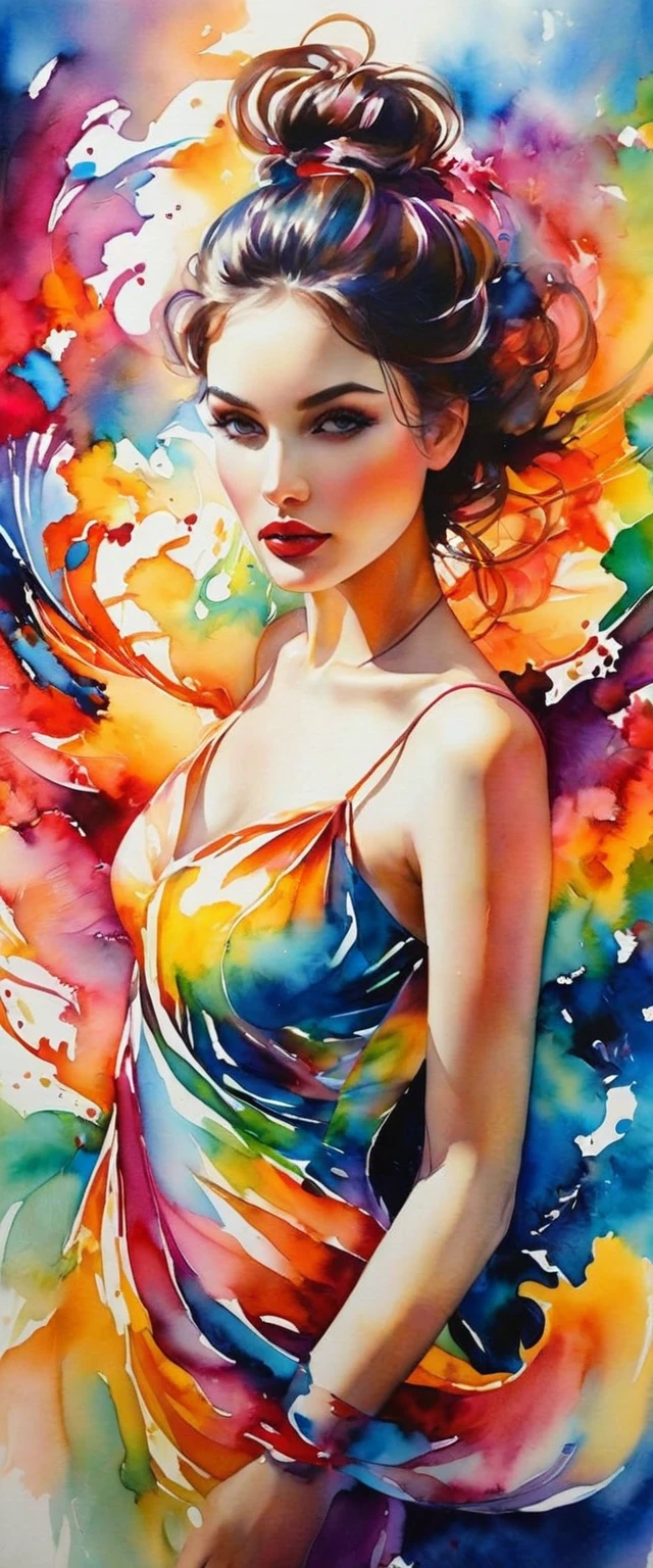The image is a vibrant watercolor painting that bursts with a kaleidoscope of colors, expertly blended to create swirling patterns that convey a dynamic sense of movement. The composition captures the half-body figure of a beautiful 2 girl, rendered with rich oil paint that adds a lustrous sheen, enhancing the depth and dimension of her form. The bold brush strokes highlight her delicate features, with an emphasis on her elegant legs and soft curves, while the intricate details invite the viewer to explore the layers of texture within the artwork. The lighting is soft yet radiant, illuminating the colors and emphasizing the fluidity of the brushwork. Overall, the piece is mesmerizing, drawing the viewer into a captivating interplay of color, form, and energy, characteristic of an Enhance Art masterpiece.