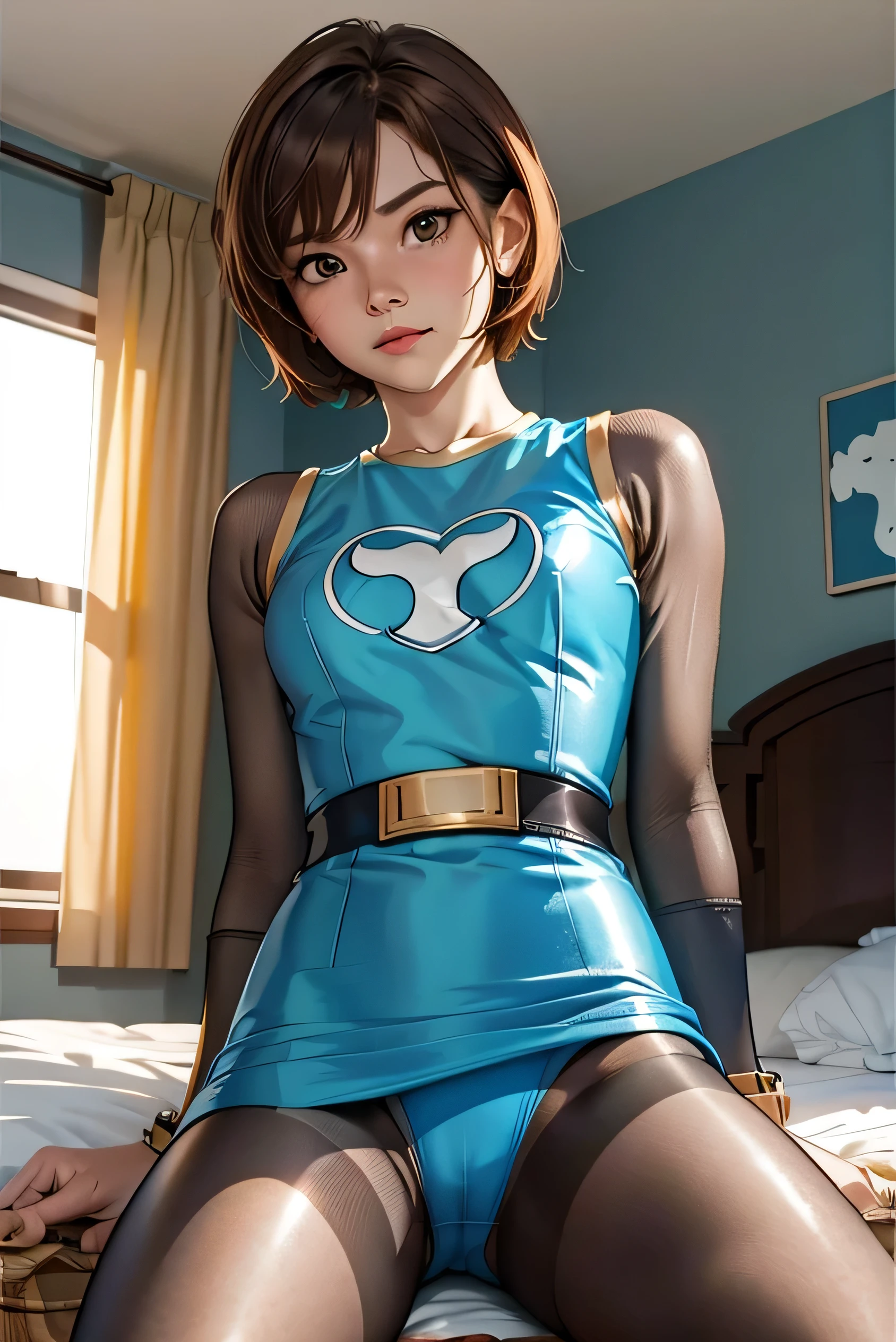 Hurricane Blue、Hurricane Jar、Brown Hair、short hair、((pantyhose))、Picture below、Mid-chest、Bedroom、Spread your legs