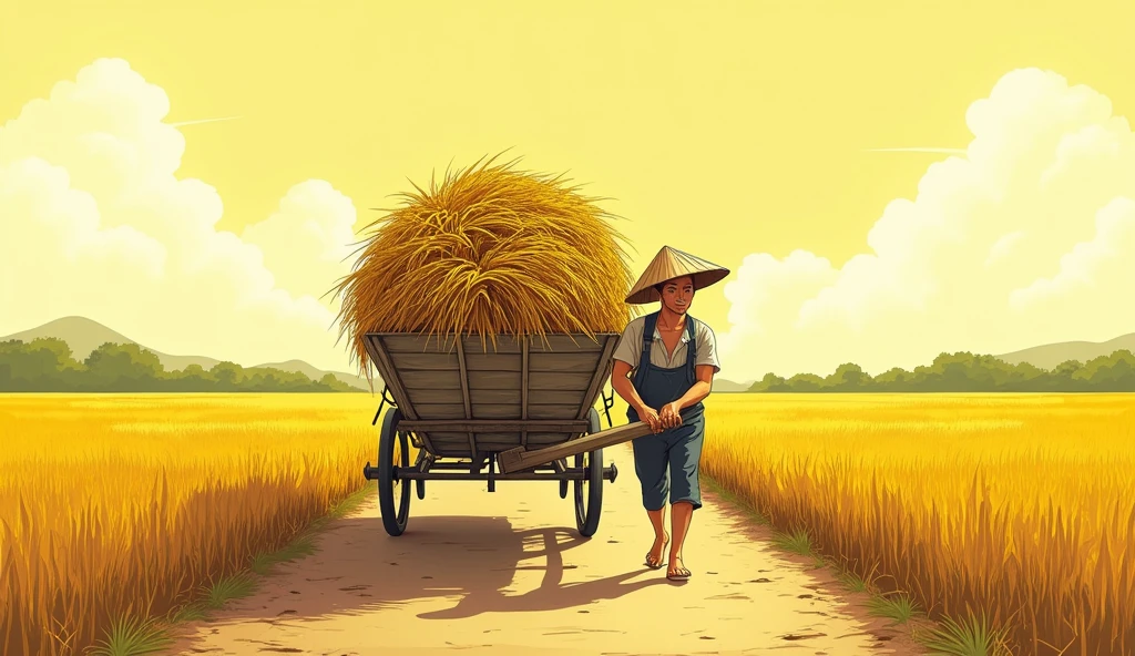 pencil cartoon, hot weather, a vietnamese man pulling a very big cart full of rice, a vietnamese woman pushing behind the cart, they go barefoot on the small road, woman wearing a 'non-la' northern Vietnamese style, on a yellow field background, realist detail, flat form