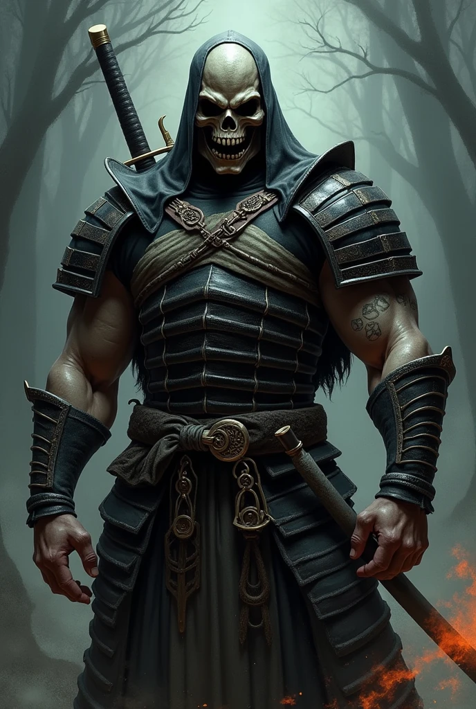  samurai skull with mask full body with 2 swords as tattoo on forearm 