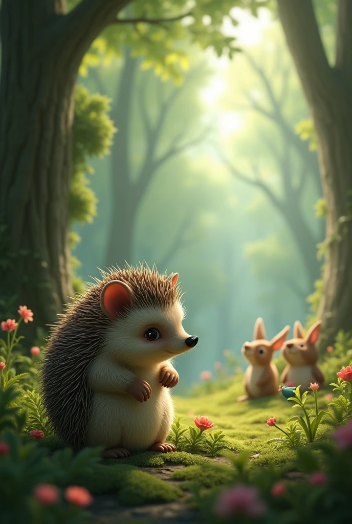 An extremely sad hedgehog watching from afar other forest animals playing in the forest