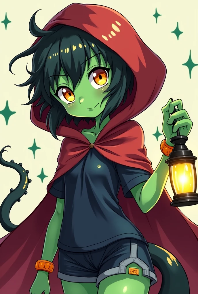 Woman with green skin , black fur , red hood and red cape , Scales , yellow eyes . Orange bracelet on the left hand , dark blue shirt and shorts . Lantern in right hand Cute anime style