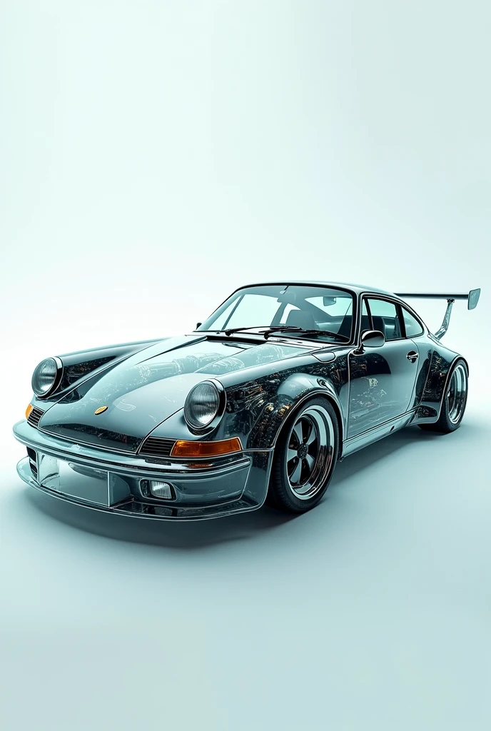 image of a fully transparent translucent transparent porsche 911, You can see the engine through its transparent skin