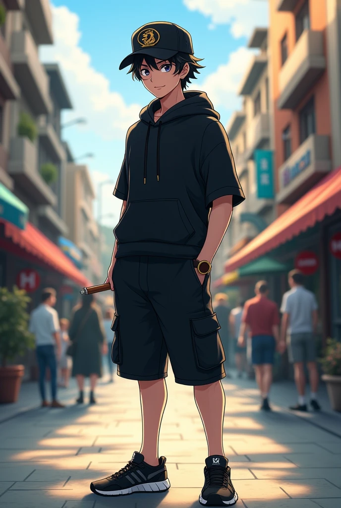 A boy , transformed into an anime style, with black country clothes , with a black wool cap with a lion logo , with black Bermuda shorts , Black sports sneakers , weighing about 90 kilos, thick build , tall in stature and unique facial features light skin , Long hair , wide black frame optical lenses , black eyes , thick lips with a cigar in his right hand , standing on a bustling city street, backlit background that highlights the subject, high contrast colors, 4K High Definition Quality，young, elegant, Argentinian , In the cold of the Santa Cruz glacier in Argentina , phone gamer boy .