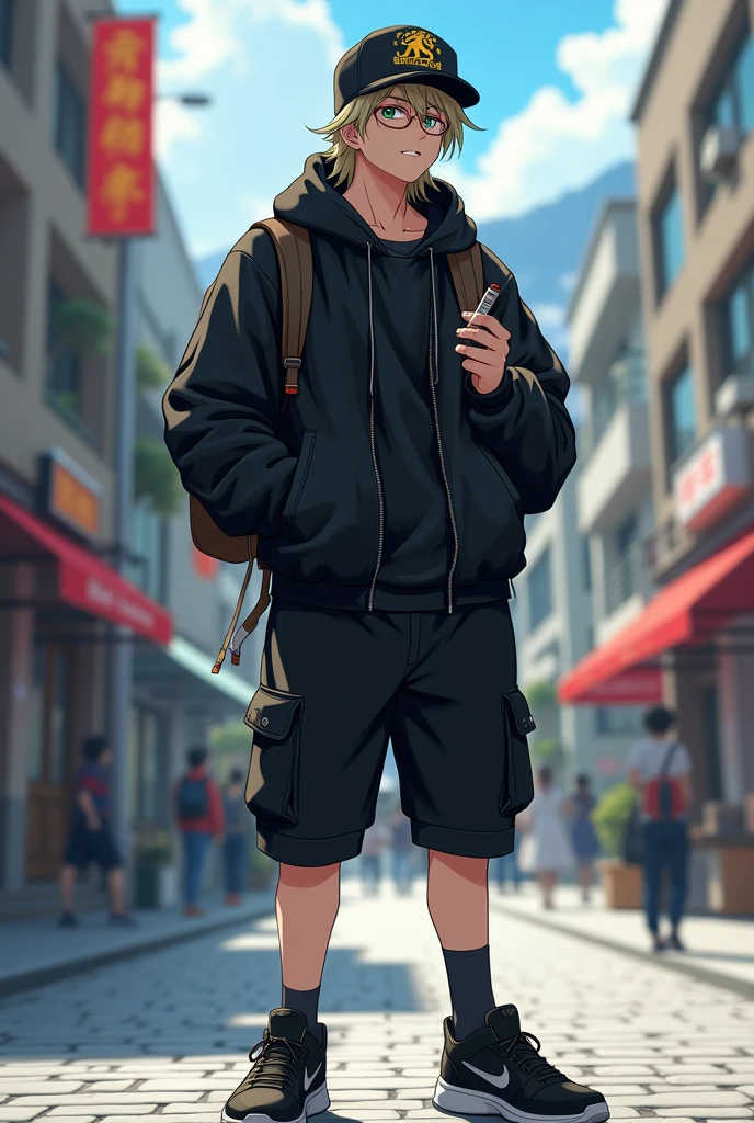 A boy , transformed into an anime style, with black country clothes , with a black wool cap with a lion logo , with black Bermuda shorts , Black sports sneakers , weighing about 90 kilos, thick build , tall in stature and unique facial features light skin , Long hair , wide black frame optical lenses , black eyes , thick lips with a cigar in his right hand , standing on a bustling city street, backlit background that highlights the subject, high contrast colors, 4K High Definition Quality，young, elegant, Argentinian , In the cold of the Santa Cruz glacier in Argentina , phone gamer boy .