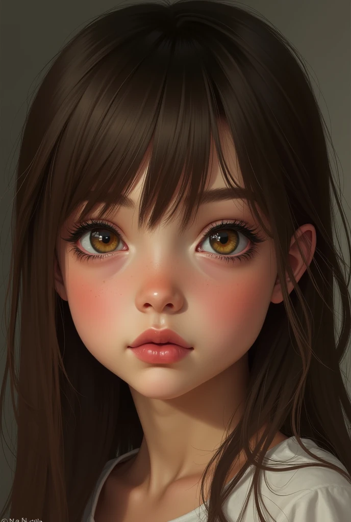 Young girl with strong character, amber eyes, brown and straight hair