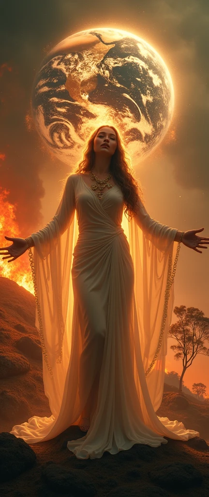 ultra realistic image of mother earth gaia looking at planet earth on fire in brazil opening her arms to receive abundant rain and divine light