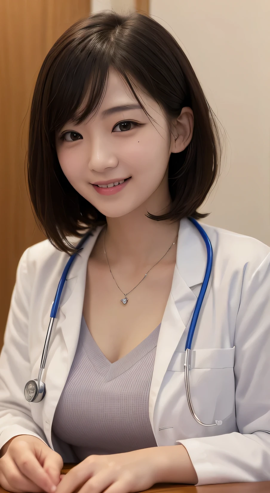 Tabletop, Highest quality, figure, Very detailed, In detail, High resolution, 8k wallpaper, Perfect dynamic composition, Beautiful attention to detail,Wavy Hair、 (short hair)、Small breasts, doctor coat、smile、cute、happy、sexy shot looking at camera,Perfect and beautiful face,24-years-old、Health Insurance Doctor、smile、Simple Necklace、School nurse's office