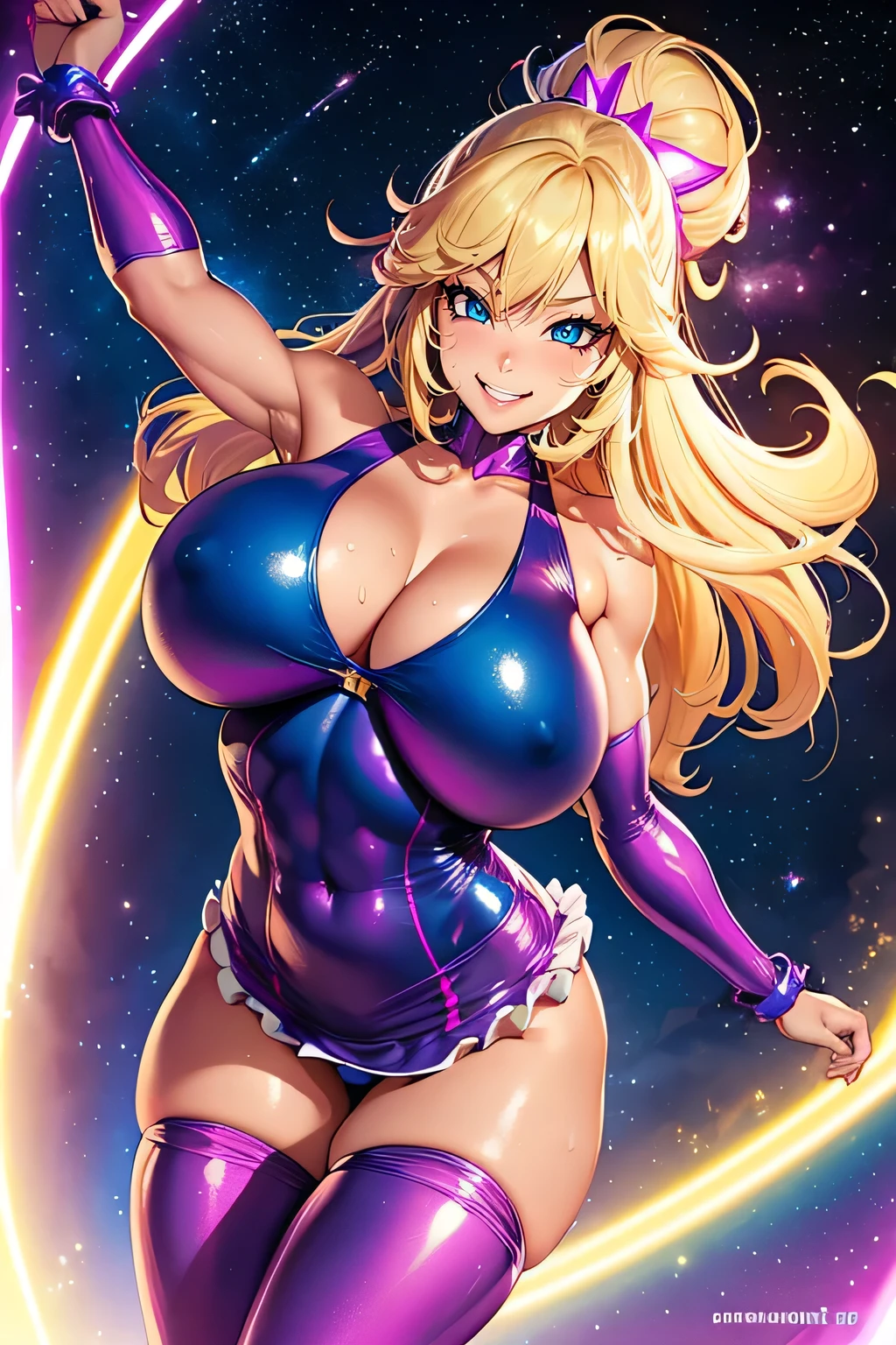 Digital Painting, Superhero, Muscle Girl in bodysuit, Korean idol face, blonde long hair in wind, smiling young girl, pose, fist up, Raise your arms, ((From above)), 1 ((Raise your knees)), Behance Contest Winner, Afrofuturism, Synthwave, neon, glowing neon, tight ((((sagging massive breasts)))), mini skirt with frill, Fluttering cape, ribbon, intricate micro bikini, Large areola, Big nipples, Sweat, glossy silky skin, ((smile)), Thick waist, cosmic sparkling in space, Real Background, frying, in dynamic perspective, in (:Realistic:0.5) detailed coloring finished, 4K much more,