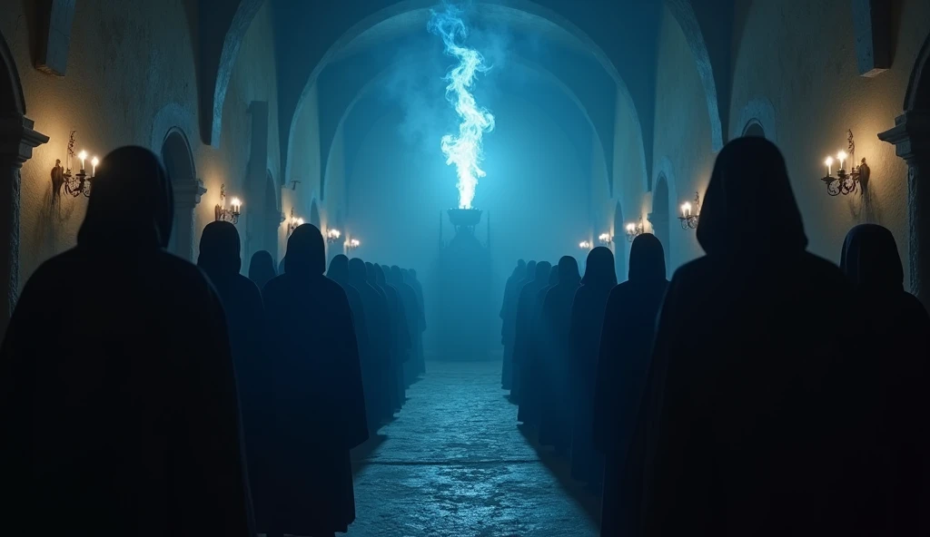 8k、Extreme high angle,(number々の賞を受賞したmasterpiece、Incredible detail、Texture、Maximum details),blue flame candle, (summoning magic),(St George's Church in Lalibela at night (Church of Saint George) - Ethiopia), (dark ritual),(dark organization)arafed image of a group of people in a church with candles,lit candle, dark cinematic concept art, elegant cinematic fantasy art, photorealistic dark concept art, by Beeple, dark robes, wojtek fus, gothic epic library concept, gothic epic library, epic cinematic concept art, dark concept art, Beeple and mike winkelmann, symmetrical epic fantasy art, High resolution, masterpiece, Highest quality, Intricate details, Very detailed, Clear focus, practical skin texture, texture, Shot with Canon, 85mm, Shallow and deep, Kodak Vision Color, Exactly, Very detailed, photograph_\(Extremist\), photographpractical, practical, Post-processing, Maximum details, Roughness, Real Life, Extremist practical, Photorealism, photographgraphy, 8K Ultra HD, photographgraphy