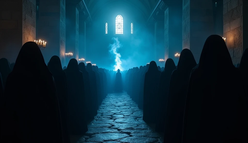 8k、Extreme high angle,(number々の賞を受賞したmasterpiece、Incredible detail、Texture、Maximum details),blue flame candle, (summoning magic),(St George's Church in Lalibela at night (Church of Saint George) - Ethiopia), (dark ritual),(dark organization)arafed image of a group of people in a church with candles,lit candle, dark cinematic concept art, elegant cinematic fantasy art, photorealistic dark concept art, by Beeple, dark robes, wojtek fus, gothic epic library concept, gothic epic library, epic cinematic concept art, dark concept art, Beeple and mike winkelmann, symmetrical epic fantasy art, High resolution, masterpiece, Highest quality, Intricate details, Very detailed, Clear focus, practical skin texture, texture, Shot with Canon, 85mm, Shallow and deep, Kodak Vision Color, Exactly, Very detailed, photograph_\(Extremist\), photographpractical, practical, Post-processing, Maximum details, Roughness, Real Life, Extremist practical, Photorealism, photographgraphy, 8K Ultra HD, photographgraphy