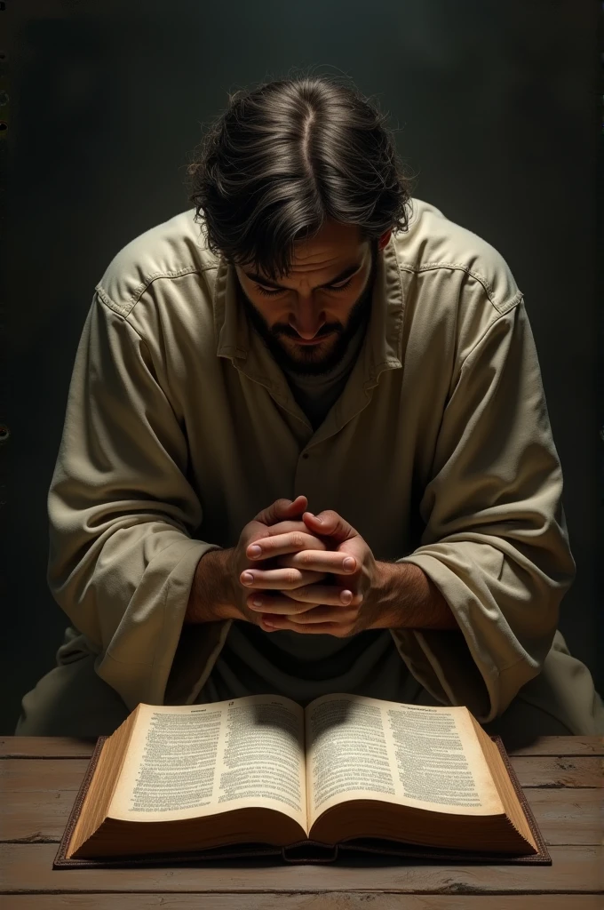 A servant praying on his knees with a bible in front of him