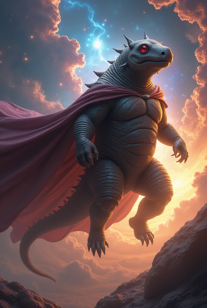 Create the image of a Brazilian animal armadillo, now make it mega powerful, make it look like a natural armadillo, but wearing a hero's cape. Make him a lord of the universe, make him fly over galaxies sitting cross-legged. mer. AINDA mer