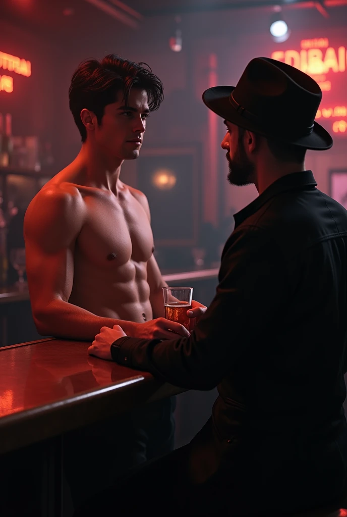 Young handsome white cute attractive man in a bar shirtless gets picked up by a friend in a black hat and black clothes