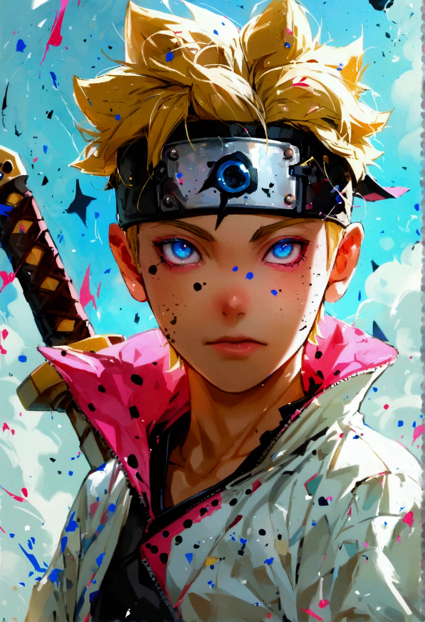 Boruto,boy,solo,age 15,blonde hair,spicky short hair,blue eyes,forehead-band,white shirt,black coat with pink inside,collar-up,collar-open,folded-calves,belt,sheathed-sword,1glove,boruto uzumaki