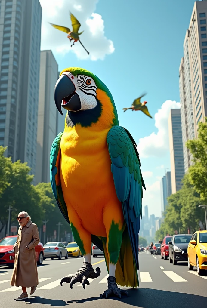 A very huge happy parrot walking at Avenida Paulista in São Paulo Brazil between cars on a sunny day whilst some people are passing by happy on the side walk with some eys there at the sky anot parrots and toucans are flying