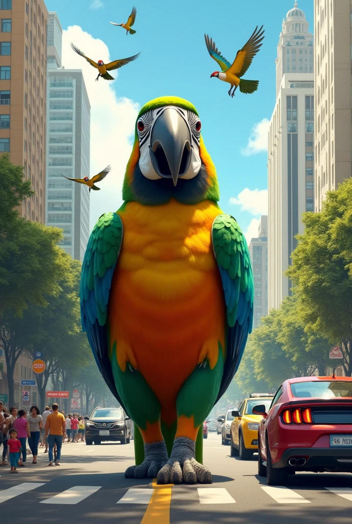 A very huge happy parrot walking at Avenida Paulista in São Paulo Brazil between cars on a sunny day whilst some people are passing by happy on the side walk with some monkeys there at the sky another parrots and toucans are flying