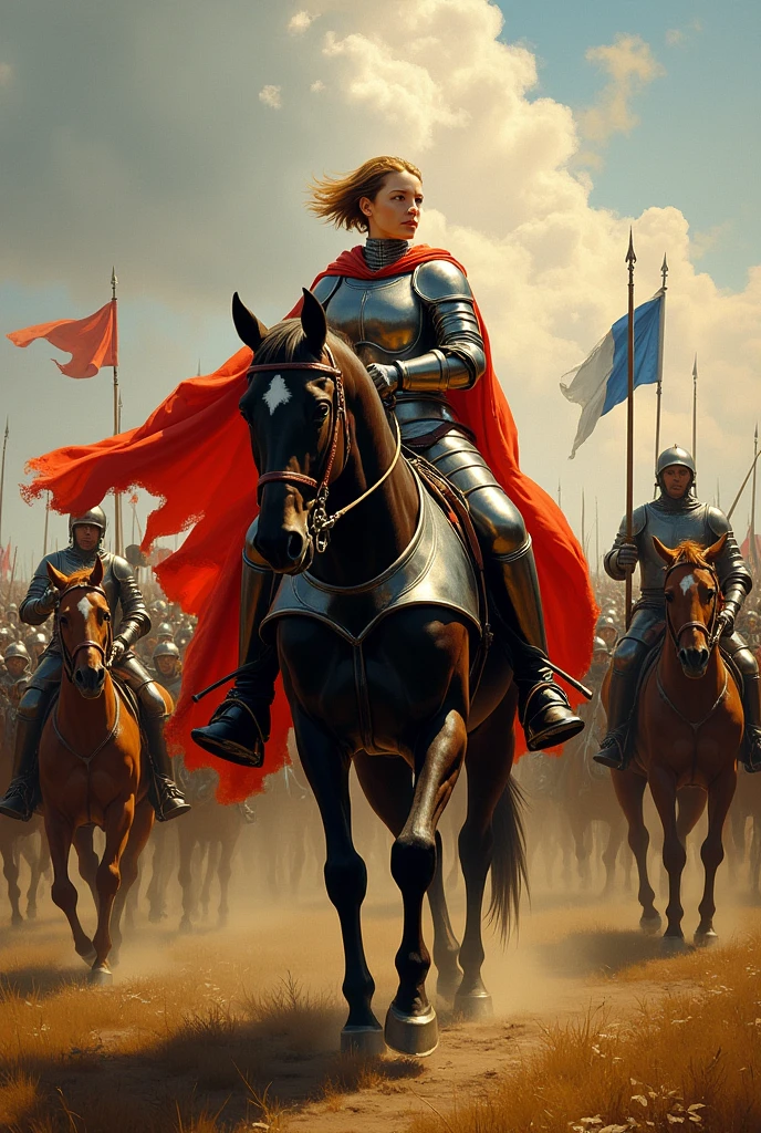 Joan of Arc with armor and sword, leading the French at the Battle of Orleans, 1429 short hair on horses and armed troops