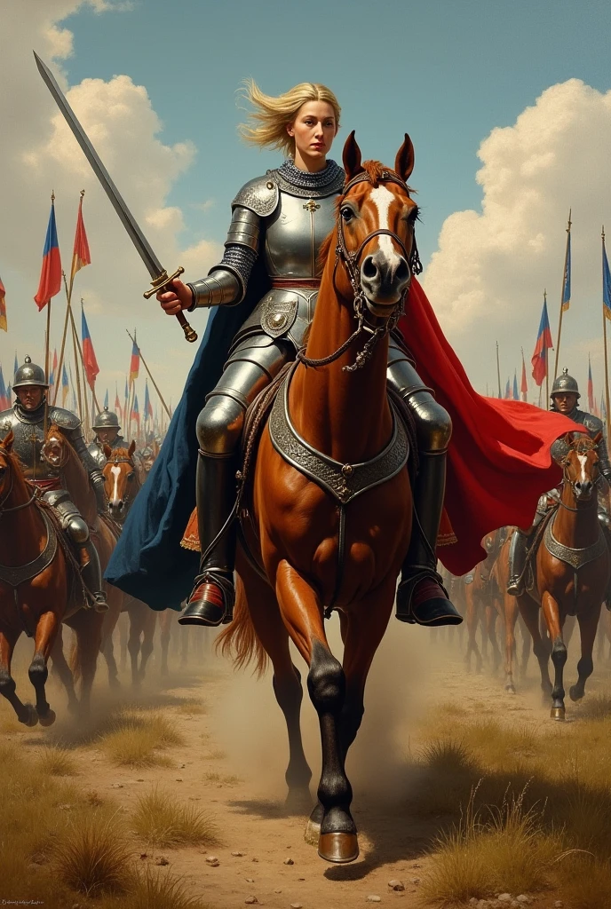 Joan of Arc with armor and sword, leading the French at the Battle of Orleans, 1429 short hair on horses and armed troops