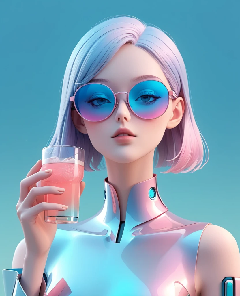 3D illustration of the upper body and face of an AI model wearing futuristic glasses, Stylish glasses with a drink attached,gradient background, pastel color palette, Pink blue, Simple, Cold metallic texture, surrealism,