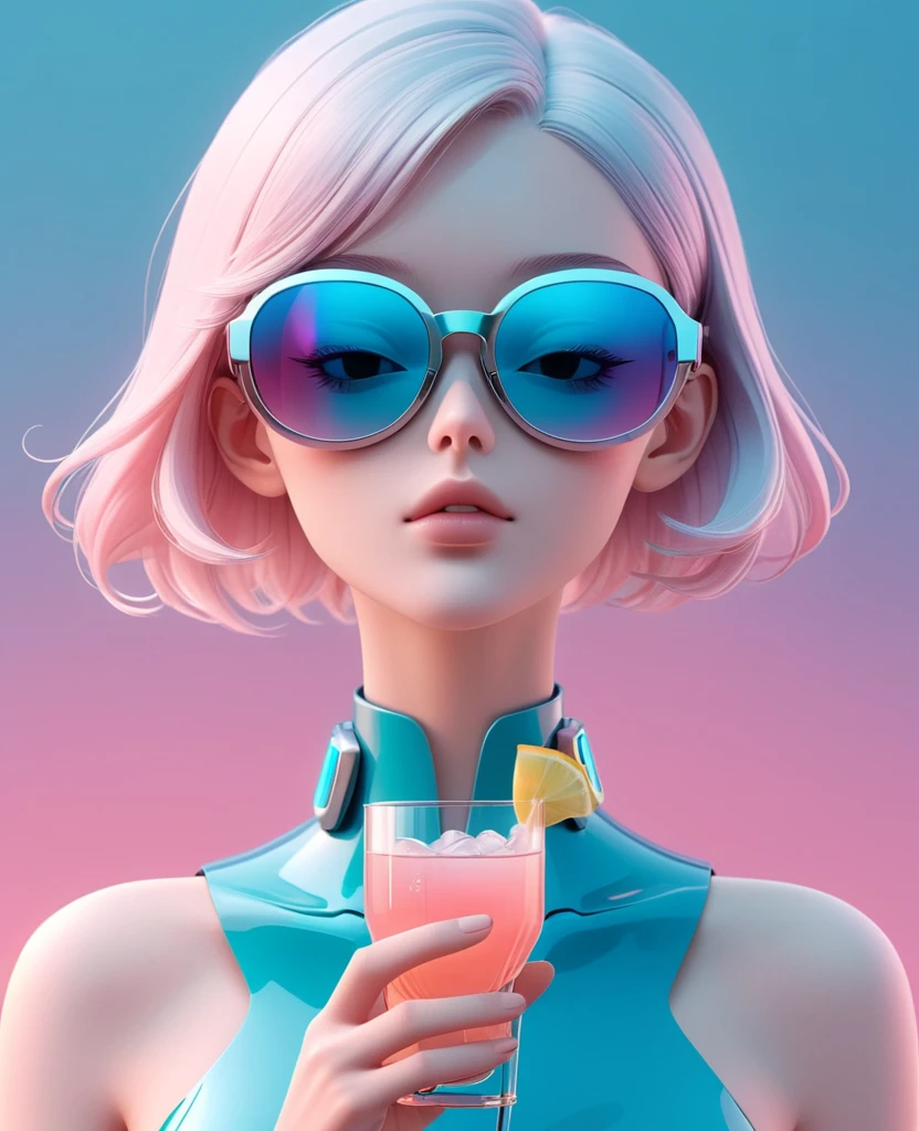 3D illustration of the upper body and face of an AI model wearing futuristic glasses, Stylish glasses with a drink attached，gradient background, pastel color palette, Pink blue, Simple, Cold metallic texture, surrealism,