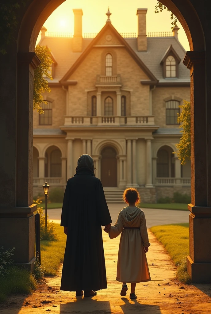 A 3 woman and her tired daughter who come from afar and are 4 meters away from a large house with golden sunlight. And a black priest is in front of the door waiting for them with open arms.. From the year 1940