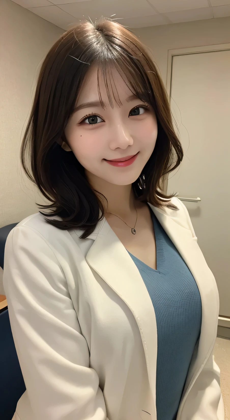 Tabletop, Highest quality, figure, Very detailed, In detail, High resolution, 8k wallpaper, Perfect dynamic composition, Beautiful attention to detail,Wavy Hair、 (short hair)、Small breasts, doctor coat、smile、cute、happy、sexy shot looking at camera,Perfect and beautiful face,24-years-old、Health Insurance Doctor、smile、Simple Necklace、Health Room