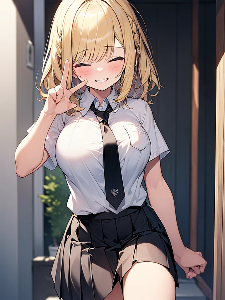 (Masterpiece, Top quality:1.5), nsfw, dynamic angle, (1 beautiful girl:1.2), (peace fingers:1.3), (short sleeve white shirt, black pleated skirt, tie:1.2), (blonde hair:1.3), single braid, medium Hair, wavy Hair, asymmetry bangs, swept bangs, junior high school student, (large breasts:1.2), smile:1.3, flustered:1.1, beautiful scene of alley, grin, closed eyes