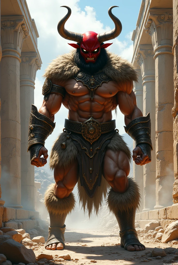 This image depicts a powerful and imposing Minotaur, a mythical creature with a human-like body and a Red mask Spider-Man-like head. The Minotaur is extremely muscular, wearing fur clothing and heavy, ornate armor. It stands in an ancient, ruined temple, surrounded by huge stone columns and debris. The Minotaur's expression is fierce, and its posture suggests a readiness for battle or confrontation. The atmosphere is filled with a sense of mythical grandeur and danger, possibly evoking a sense of ancient Greek or fantasy-inspired imagery